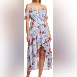 Bardot Floral Ruffle Midi Dress Spring Wedding Guest Romantic Cottagecore Size 6